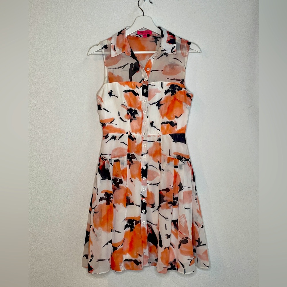 Betsy Johnson. Size 0. Warm weather dress. White w/ peach flowers.